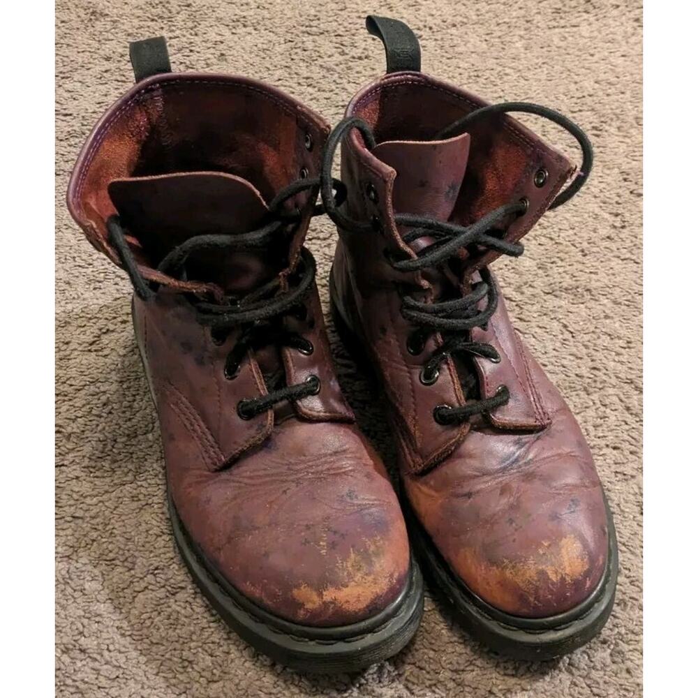Women's Dr Martens Floral Pattern Purple Distressed Leather Combat Boots Size 7 - Picture 4 of 7